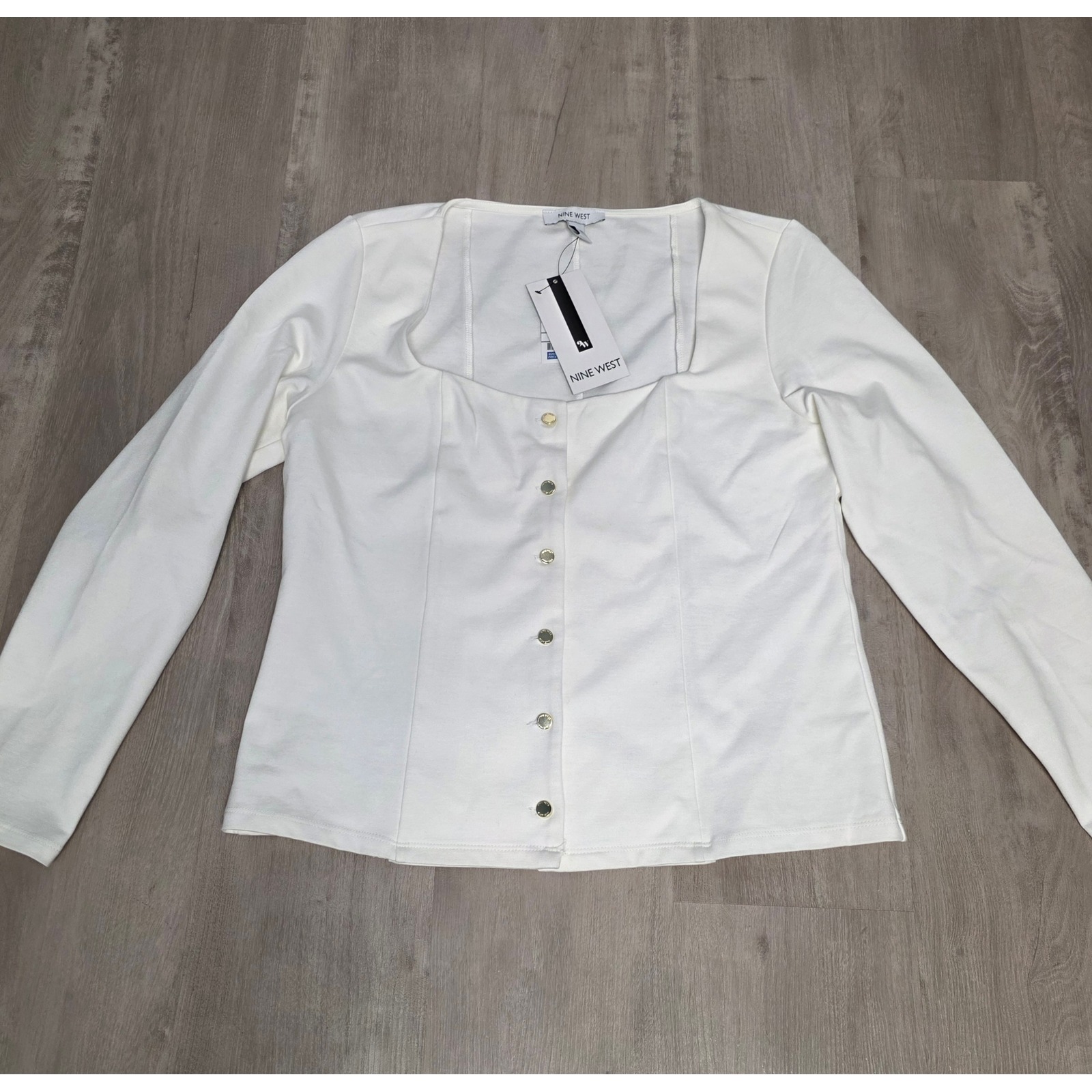 Nine West Womens Nyc White Square Neck Button Front Knit Top L 11964593-S03